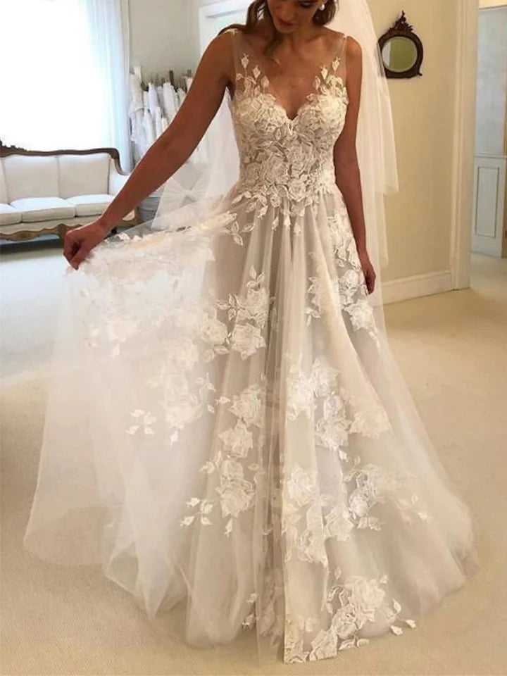 Wholesale A-Line/Princess V-Neck Beach Wedding Dress With Appliques